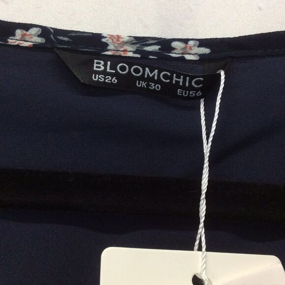 Bloomchic Tunic Women's Plus Size 26 Blue/Pink Floral Boho Sheer Lined Tie Neck - Picture 2 of 11